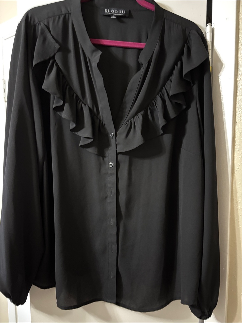 Eloquii Black Ruffle V-Neck Button Front Blouse